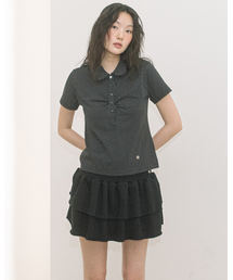 ROUND COLLAR SHIRRING S/S TEE(DOT BLACK)