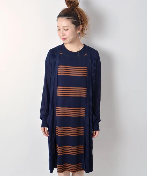 Khaju(カージュ)の「Khaju: リブカーディガン×ボーダーワンピース2セット□(ワンピース・レディース・ネイビー/キャメル・ONE SIZE)」の4枚目の写真