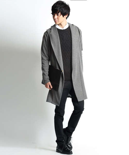 MONO-MART（モノマート）の「ロング丈ビッグフードコーディガン/ラップコート（カーディガン/ボレロ・メンズ・オリーブ/ブラウン系その他/ブラック/グレー/チャコールグレー/ネイビー/ベージュ・FREE）」の9枚目の写真
