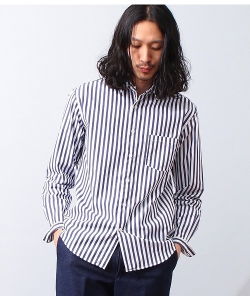 ADAM ET ROPE'（アダムエロペ）の「バイオウォッシュ　ストライプシャツ（シャツ/ブラウス・メンズ・ブラック/ネイビー/ブルー系その他・MEDIUM/LARGE）」の2枚目の写真