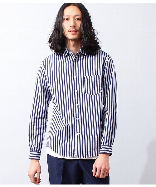 ADAM ET ROPE'（アダムエロペ）の「バイオウォッシュ　ストライプシャツ（シャツ/ブラウス・メンズ・ブラック/ネイビー/ブルー系その他・MEDIUM/LARGE）」の6枚目の写真