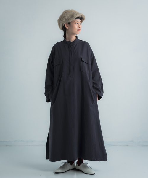 Libra Cue(リブラ キュー)の「Libra バンドカラーワークシャツワンピース(シャツワンピース・レディース・ブラック/ネイビー・FREE)」の2枚目の写真