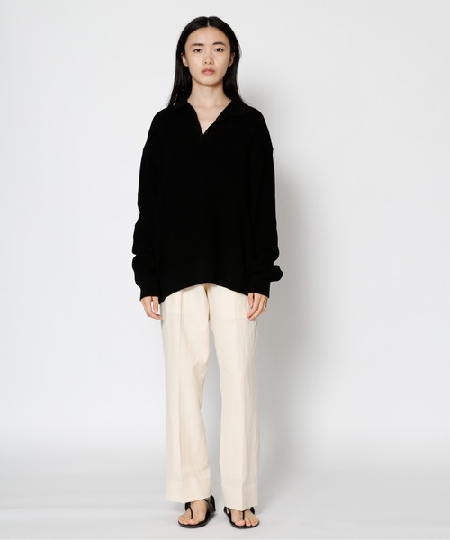 UNDECORATED（アンデコレイテッド）の「UNDECORATED アンデコレイテッド / WASHI KNIT TOP 和紙 オーバーサイズ  スキッパー 深Vネックニット（セットアップ） / UDS22804（ニット/セーター・レディース・ブラック/ベージュ・FREE）」の9枚目の写真