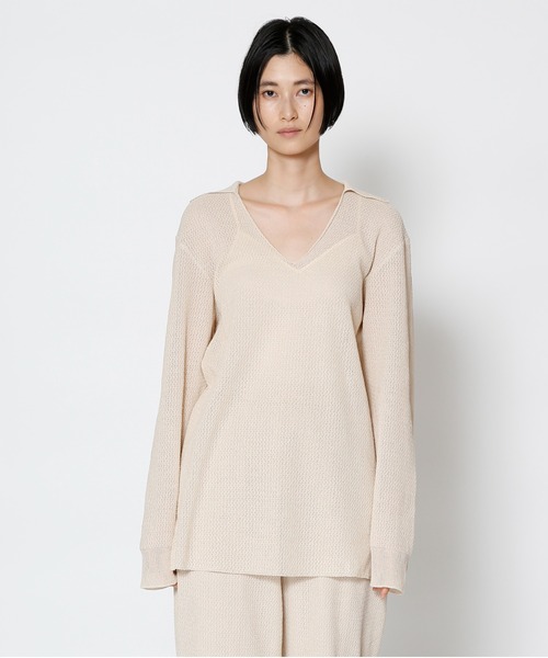 UNDECORATED（アンデコレイテッド）の「UNDECORATED アンデコレイテッド / WASHI KNIT TOP 和紙 オーバーサイズ  スキッパー 深Vネックニット（セットアップ） / UDS22804（ニット/セーター・レディース・ブラック/ベージュ・FREE）」の12枚目の写真