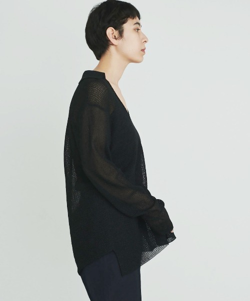 UNDECORATED（アンデコレイテッド）の「UNDECORATED アンデコレイテッド / WASHI KNIT TOP 和紙 オーバーサイズ  スキッパー 深Vネックニット（セットアップ） / UDS22804（ニット/セーター・レディース・ブラック/ベージュ・FREE）」の5枚目の写真