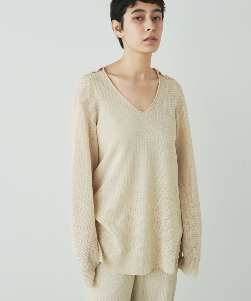 UNDECORATED（アンデコレイテッド）の「UNDECORATED アンデコレイテッド / WASHI KNIT TOP 和紙 オーバーサイズ  スキッパー 深Vネックニット（セットアップ） / UDS22804（ニット/セーター・レディース・ブラック/ベージュ・FREE）」の7枚目の写真