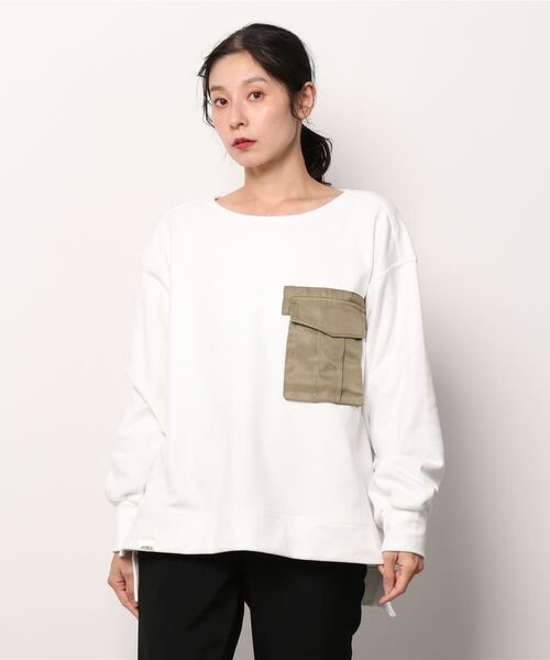 AVIREX（アヴィレックス）の「BRUSHED FABRIC PULL OVER/ ブラッシュファブリックプルーバー（Tシャツ/カットソー・レディース・オフホワイト/チャコール・FREE）」の2枚目の写真