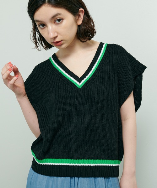 Lui's(ルイス)の「ラインニットベスト(ベスト・レディース・ホワイト/スカイブルー/ブラック・FREE)」の2枚目の写真