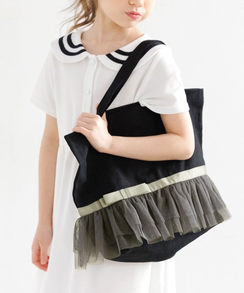 Bee des Bee(ビーデスビー)の「チュールレース&リボン レッスントートバッグ(トートバッグ・キッズ・ブラック/ベージュ/ネイビー/ピンク/ブルーグレー/アイボリー・フリー)」の1枚目の写真