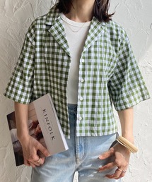 ギンガムチェック柄ショート丈半袖開襟シャツジャケット