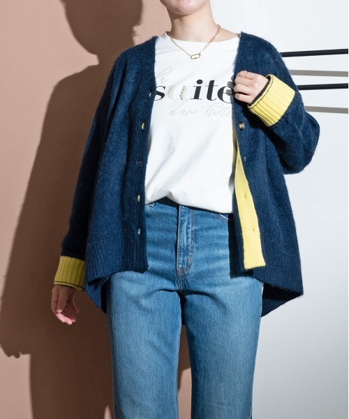 LHELBIE（レルビエ）の「シャギーニットカーディガン（カーディガン/ボレロ・レディース・ベージュ/ネイビー/オフホワイト/グリーン/パープル/グレイッシュブルー/ピンク・M）」の4枚目の写真