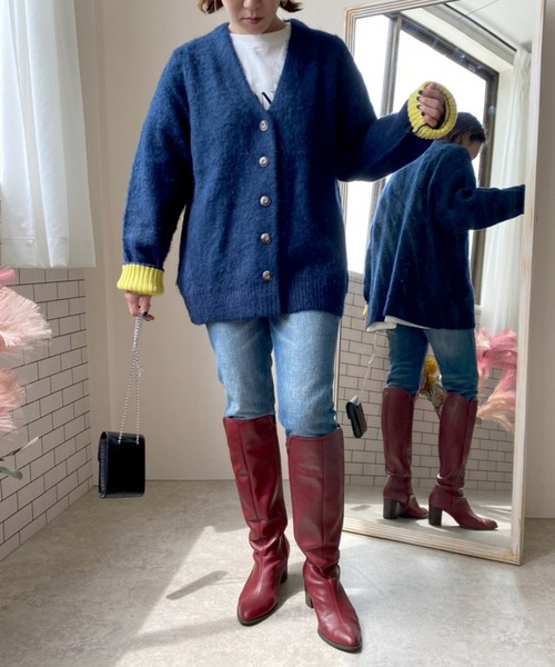 LHELBIE（レルビエ）の「シャギーニットカーディガン（カーディガン/ボレロ・レディース・ベージュ/ネイビー/オフホワイト/グリーン/パープル/グレイッシュブルー/ピンク・M）」の8枚目の写真