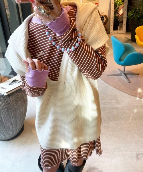 Alley by w closet（アリーバイダブルクローゼット）の「【Alley】クルーネックメローBIGプルオーバー（Tシャツ/カットソー・レディース・ホワイト×ピンク/ブラウン系その他/ラベンダー・FREE）」の14枚目の写真