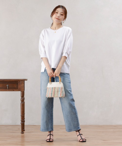 Chez toi(シェトワ)の「ポンチ×リブ切替プルオーバー(Tシャツ/カットソー・レディース・オフホワイト/ブラック/ベージュ/ピンク・FREE)」の5枚目の写真