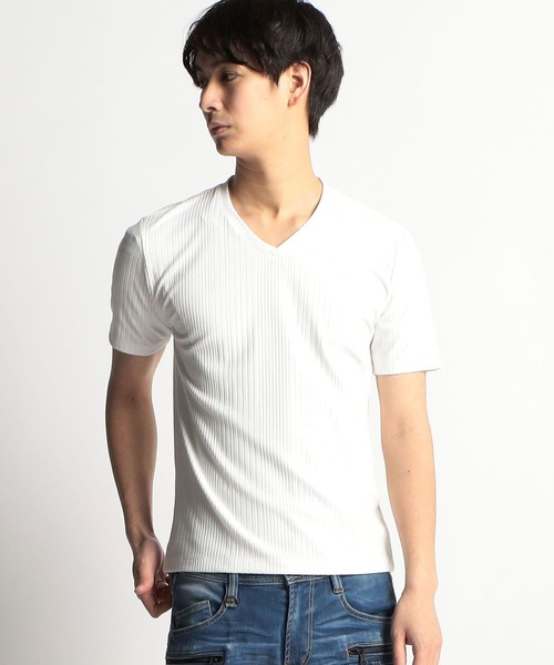 HIDEAWAYS NICOLE（ハイダウェイニコル）の「ランダムストライプ半袖Ｖネックカットソー（Tシャツ/カットソー・メンズ・オフホワイト/サックスブルー/ブラック×ホワイト/ライトグレー/ラベンダー・LARGE/MEDIUM/X-LARGE）」の2枚目の写真