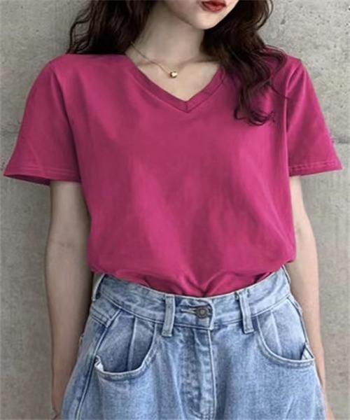 Dream garden（ドリームガーデン）の「Vネック半袖Tシャツ（Tシャツ/カットソー・レディース・ホワイト/ブラック/イエロー/オレンジ/グリーン/チェリーピンク/ターコイズブルー・M/L/XL/XXL）」の6枚目の写真
