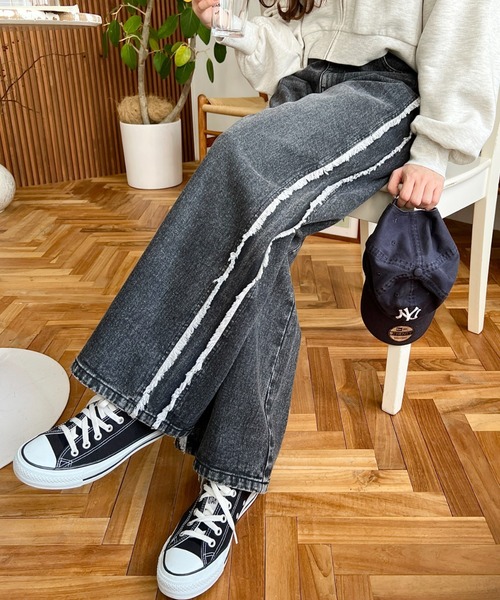 セール】サイドフリンジセミワイドデニムパンツ（デニムパンツ