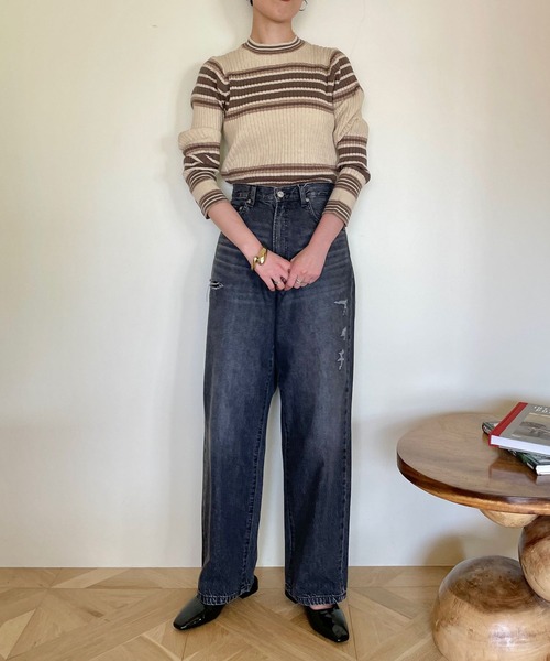 LOWRYS FARM（ローリーズファーム）の「ソデボタンマルチボーダーＬＳ　974483（ニット/セーター・レディース・アイボリー/ブラウン/パープル・FREE）」の5枚目の写真