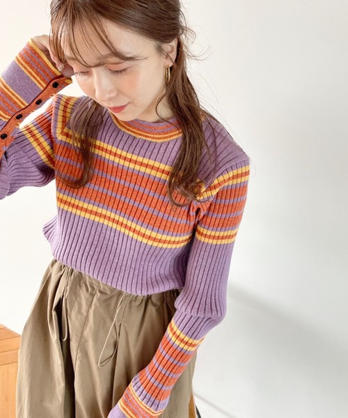 LOWRYS FARM（ローリーズファーム）の「ソデボタンマルチボーダーＬＳ　974483（ニット/セーター・レディース・アイボリー/ブラウン/パープル・FREE）」の10枚目の写真