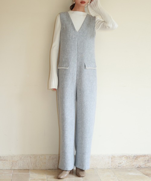 セール】深Vネックツイードオールインワン（サロペット/オーバーオール