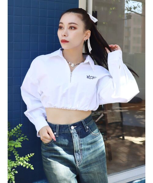 EVRIS（エヴリス）の「ハーフZIPルーズシャツ（シャツ/ブラウス・レディース・ブルー/ホワイト/グリーン・FREE）」の7枚目の写真