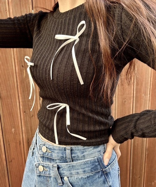 ipugo(イプゴ)の「ipugo/イプゴ 細リボンリブニット(Tシャツ/カットソー・レディース・ブラック/グレー/ホワイト/ピンク・FREE)」の10枚目の写真