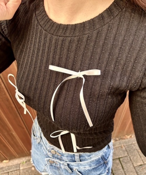 ipugo(イプゴ)の「ipugo/イプゴ 細リボンリブニット(Tシャツ/カットソー・レディース・ブラック/グレー/ホワイト/ピンク・FREE)」の8枚目の写真