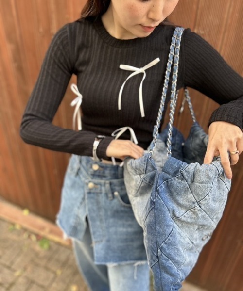 ipugo(イプゴ)の「ipugo/イプゴ 細リボンリブニット(Tシャツ/カットソー・レディース・ブラック/グレー/ホワイト/ピンク・FREE)」の17枚目の写真