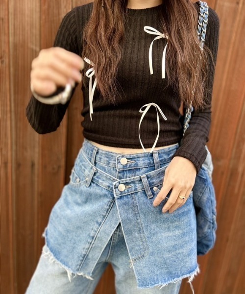ipugo(イプゴ)の「ipugo/イプゴ 細リボンリブニット(Tシャツ/カットソー・レディース・ブラック/グレー/ホワイト/ピンク・FREE)」の15枚目の写真