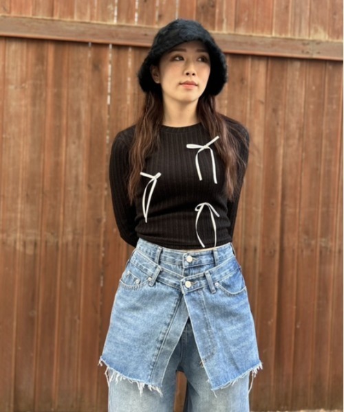 ipugo(イプゴ)の「ipugo/イプゴ 細リボンリブニット(Tシャツ/カットソー・レディース・ブラック/グレー/ホワイト/ピンク・FREE)」の19枚目の写真