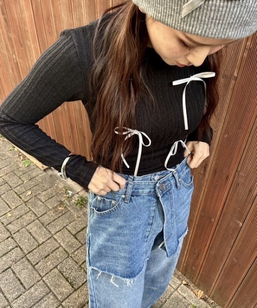 ipugo(イプゴ)の「ipugo/イプゴ 細リボンリブニット(Tシャツ/カットソー・レディース・ブラック/グレー/ホワイト/ピンク・FREE)」の16枚目の写真