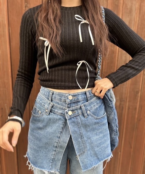 ipugo(イプゴ)の「ipugo/イプゴ 細リボンリブニット(Tシャツ/カットソー・レディース・ブラック/グレー/ホワイト/ピンク・FREE)」の12枚目の写真