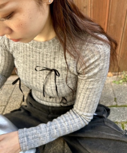 ipugo(イプゴ)の「ipugo/イプゴ 細リボンリブニット(Tシャツ/カットソー・レディース・ブラック/グレー/ホワイト/ピンク・FREE)」の20枚目の写真