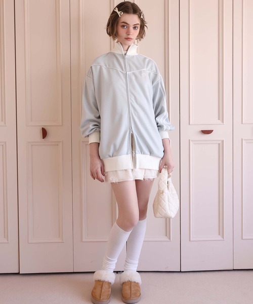 Seemi. byNICECLAUP( シーミーバイナイスクラップ)の「【Seemi.】ライン入りダブルジップアップトップス(ジャージ・レディース・ブラック/オフホワイト/サックスブルー・FREE)」の9枚目の写真