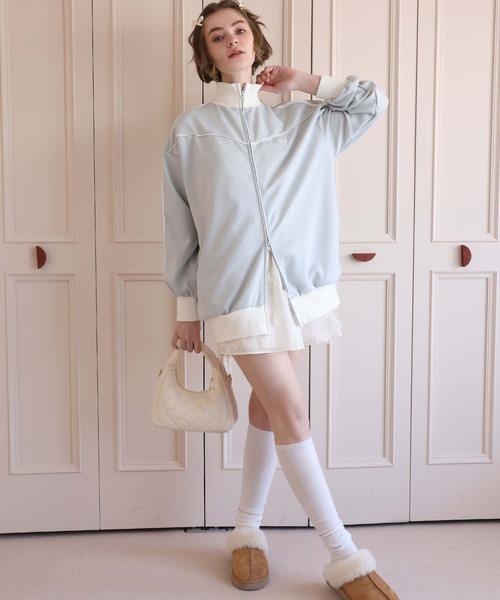 Seemi. byNICECLAUP( シーミーバイナイスクラップ)の「【Seemi.】ライン入りダブルジップアップトップス(ジャージ・レディース・ブラック/オフホワイト/サックスブルー・FREE)」の16枚目の写真