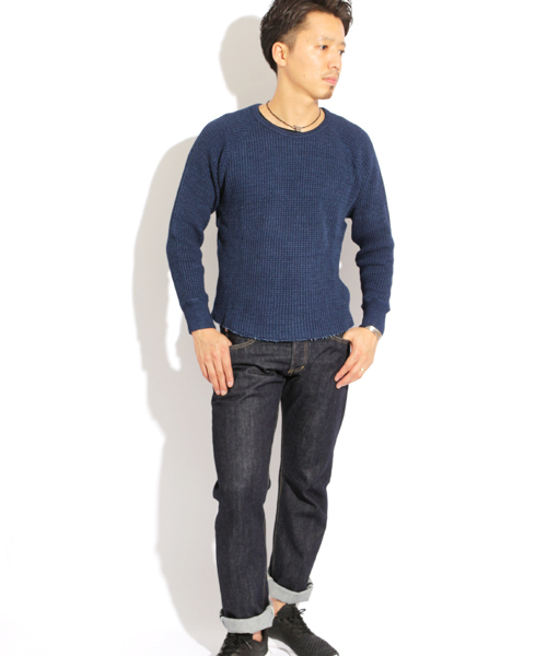 Denime(ドゥニーム)の「INDIGO HEAVY THERMAL/インディゴヘビーサーマル(Tシャツ/カットソー・メンズ・インディゴブルー・MEDIUM/SMALL/LARGE)」の8枚目の写真