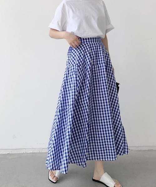 セール】ギンガムチェック柄フレアシルエットロング丈マキシ