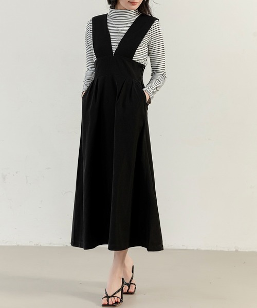 DAY CLOSET（デイ クローゼット）の「【すらっと細見え/裏地付き】きれいめ Ｖネック フレア シルエット ジャンスカ レディース（ジャンパースカート・レディース・モカ/ブラック/ホワイト・M/S）」の9枚目の写真