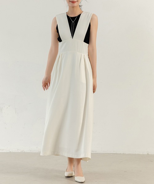 DAY CLOSET（デイ クローゼット）の「【すらっと細見え/裏地付き】きれいめ Ｖネック フレア シルエット ジャンスカ レディース（ジャンパースカート・レディース・モカ/ブラック/ホワイト・M/S）」の5枚目の写真