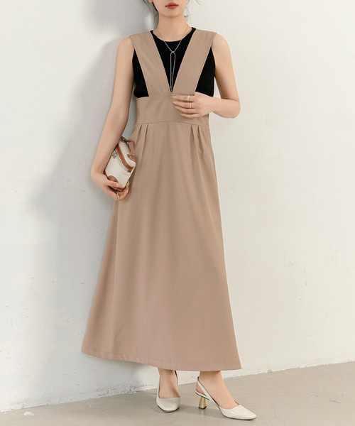 DAY CLOSET（デイ クローゼット）の「【すらっと細見え/裏地付き】きれいめ Ｖネック フレア シルエット ジャンスカ レディース（ジャンパースカート・レディース・モカ/ブラック/ホワイト・M/S）」の14枚目の写真