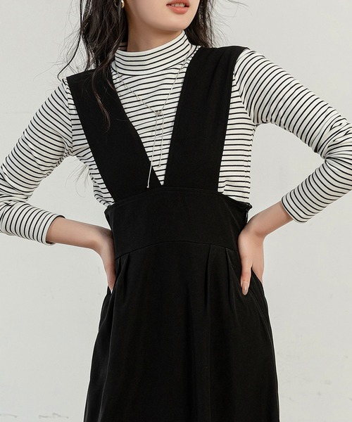 DAY CLOSET（デイ クローゼット）の「【すらっと細見え/裏地付き】きれいめ Ｖネック フレア シルエット ジャンスカ レディース（ジャンパースカート・レディース・モカ/ブラック/ホワイト・M/S）」の18枚目の写真