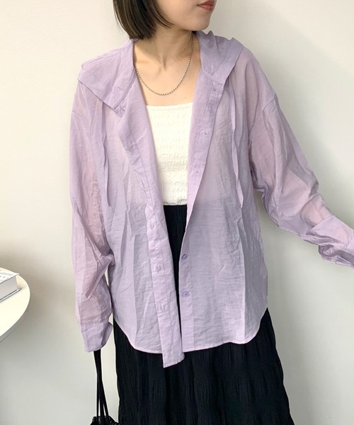 CRB（シーアールビー）の「フード付きシアーシャツ（シャツ/ブラウス・レディース・ベージュ/パープル/アイボリー/ライム/グリーン/ピンク/イエロー・F）」の5枚目の写真