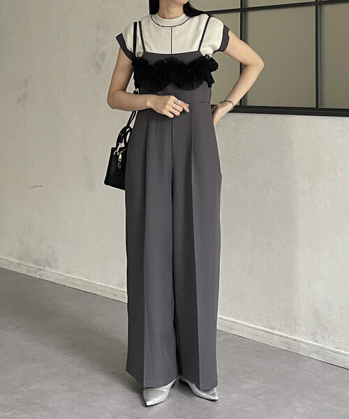 Thevon（ゼボン）の「リネンタッチチュールドッキングオールインワン（つなぎ/オールインワン・レディース・チャコールグレー/アイボリー・FREE）」の8枚目の写真