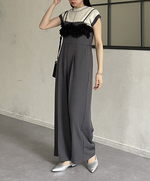 Thevon（ゼボン）の「リネンタッチチュールドッキングオールインワン（つなぎ/オールインワン・レディース・チャコールグレー/アイボリー・FREE）」の9枚目の写真