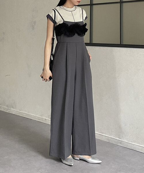 Thevon（ゼボン）の「リネンタッチチュールドッキングオールインワン（つなぎ/オールインワン・レディース・チャコールグレー/アイボリー・FREE）」の11枚目の写真