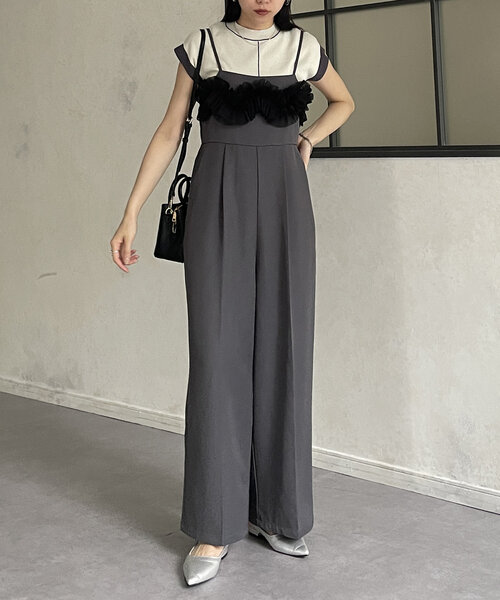 Thevon（ゼボン）の「リネンタッチチュールドッキングオールインワン（つなぎ/オールインワン・レディース・チャコールグレー/アイボリー・FREE）」の12枚目の写真