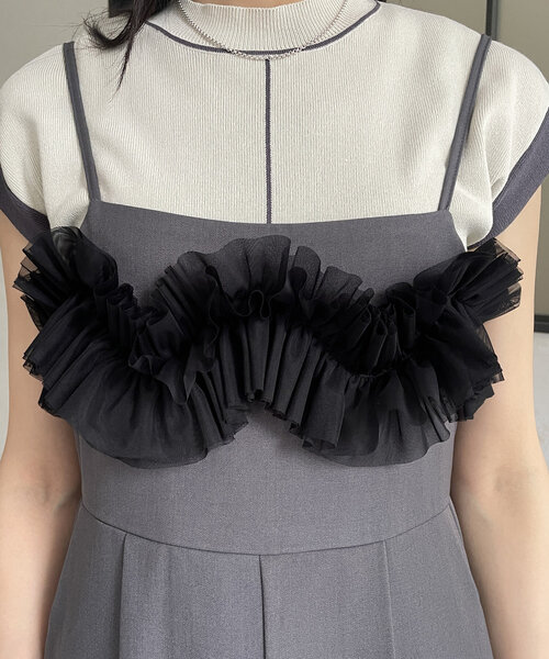 Thevon（ゼボン）の「リネンタッチチュールドッキングオールインワン（つなぎ/オールインワン・レディース・チャコールグレー/アイボリー・FREE）」の13枚目の写真