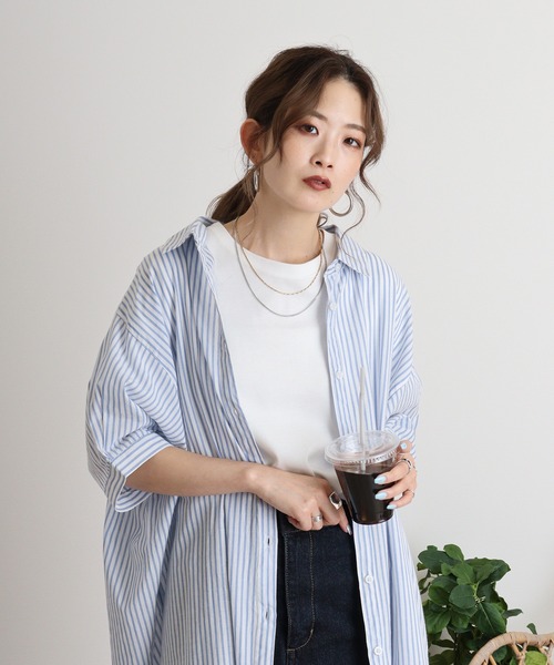 atONE(アットワン)の「ストライプ柄シャツワンピース(シャツワンピース・レディース・ネイビー×ホワイト/ホワイト×ブルー・M)」の1枚目の写真