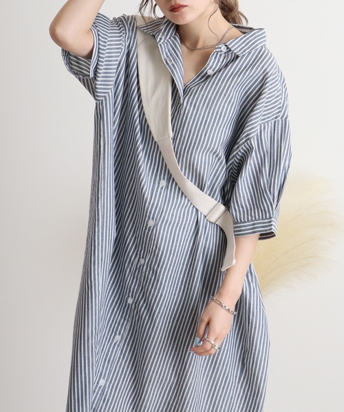 atONE(アットワン)の「ストライプ柄シャツワンピース(シャツワンピース・レディース・ネイビー×ホワイト/ホワイト×ブルー・M)」の2枚目の写真