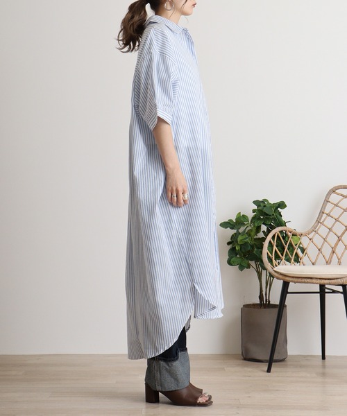 atONE(アットワン)の「ストライプ柄シャツワンピース(シャツワンピース・レディース・ネイビー×ホワイト/ホワイト×ブルー・M)」の8枚目の写真